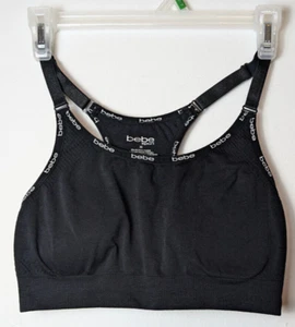 Black Bebe Sports Bra Size Medium Pull Over Adjustable Straps Pads Racer Back - Picture 1 of 2
