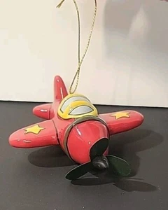 Retro Propeller Ceramic Aircraft Plane Green Red Yellow Stars Ornament - Picture 1 of 4