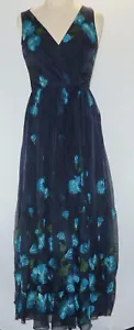 Badgley Mischka Dress Silk SZ 10 Blue Maxi Chiffon Embroidered Flowers Evening - Picture 1 of 6