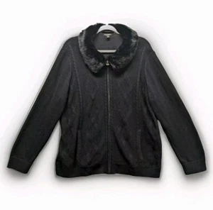 Talbots Jacket Women's Sz 3XP Black Fur Collar Sweater Cardigan Coat Zip Up - Picture 1 of 16