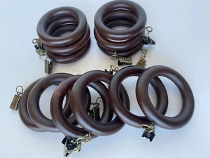 Lot of 12 Brown Wood Drapery Curtain Rings 1 3/4” Inside diameter Gold tone Clip - Picture 1 of 3