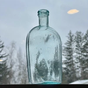 Aqua Glass Bottle Strap Side Flask Embossed "S" on Base - Picture 1 of 12