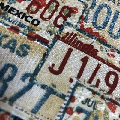 Fat Quarter FQ Vintage Colored License Plates Teal Rust Cotton Fabric Material - Image 1 of 4