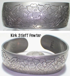 Vtg Signed KIRK Stieff PEWTER VIOLET February Flower of the Month Cuff Bracelet - Picture 1 of 6