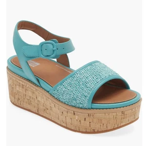 FitFlop Eloise Kork-Wickel gewebte Plateau Keilabsatz Sandalen in Tahiti Blau Größe 7 - Bild 1 von 20