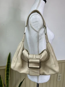 Kenneth Cole Beige Leather Shoulder Bag Slouchy Hobo Y2K Buckle Purse - Picture 1 of 24