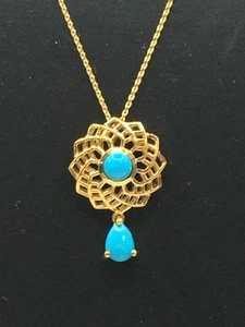 18k Gold Vermeil Necklace Turquoise Gems Sterling Silver 925 20" L 5g J41 P506 - Picture 1 of 13