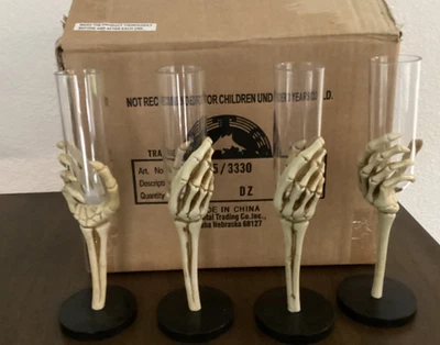 12 Halloween Skeleton Hand Flute Wine Drinking Glasses Dozen in Box Zombie - Image 1 of 4