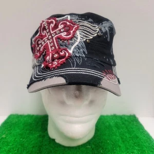 Vtg Cross Wings Hat Leader Y2k 2 Panel Cap Embroidered Distressed Frayed Goth - Picture 1 of 6