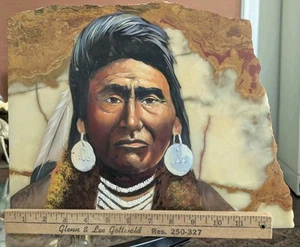 Native American Original Art Painting on Stone Slab Slate Vtg Southwest Portrait - Picture 1 of 23