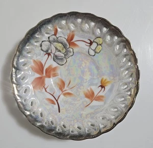 Piattino vintage dipinto a mano Lusterware con fiori arancio e argento iridescente - Foto 1 di 5