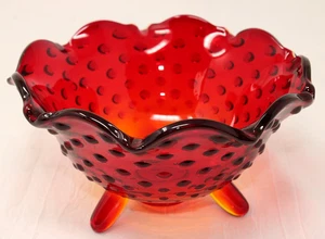 Vintage FENTON Amberina Glass Hobnail Tripod Bowl, Crimped Rim 6" Diam VERY NICE - Picture 1 of 12