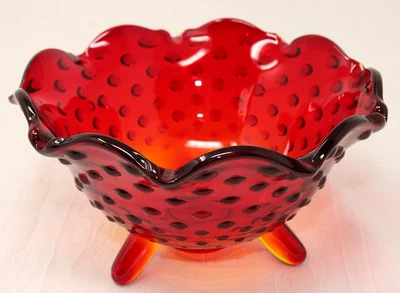 Vintage FENTON Amberina Glass Hobnail Tripod Bowl, Crimped Rim 6" Diam VERY NICE - Image 1 of 4