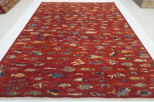 9 x 11 ft Red Fish Gabbeh Afghan Hand Knotted Wool Tribal Area Rug - Picture 1 of 17