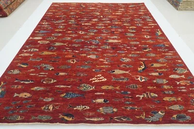 9 x 11 ft Red Fish Gabbeh Afghan Hand Knotted Wool Tribal Area Rug - Image 1 of 4