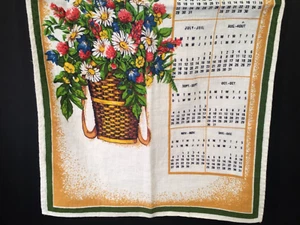 Vintage 1983 Linen Cotton Calendar Towel Hanging Basket Flowers 15 x 27 inch - Picture 1 of 5