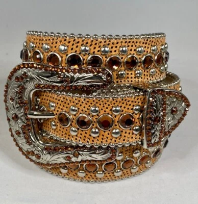 BB SIMON BELT BROWN LEATHER PRINT SWAROVSKI CRYSTALS - MED *FITS LIKE A SMALL* - Image 1 of 4