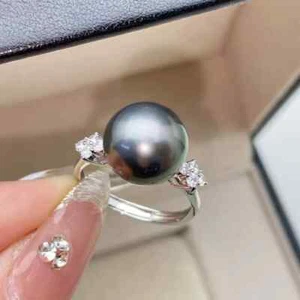 stunning 10-11mm tahitian round black green pearl ring 925s sumptuous gift - Picture 1 of 4