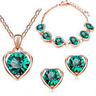 Green Crystal Heart Shaped Rose Gold Necklace Earrings Bracelet Jewellery Set