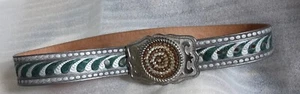 Vtg Juna Leather Belt with Jeweled Buckle Size L Handpainted Silver Green  - Picture 1 of 11