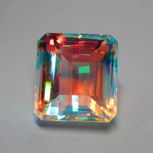 Lab-Created Emerald Cut Rainbow Mystic Topaz 69.15 Ct CERTIFIED Loose Gemstone - Picture 1 of 14