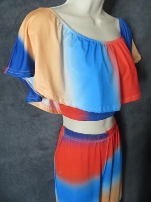 Sexy Arco Iris Ombre Hippie Disfraz Fiesta Volantes Top Corto Campana Parte Inferior Pantalones Conjunto M Foto 1 de 4