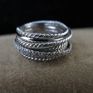 David Yurman Sterling Silver Crossover Wide Cable Pave Diamond Ring SZ 7.5 C621 - Picture 1 of 11