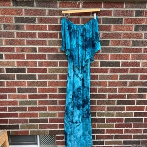 Culture Phit Blue and Navy Blue Tie Dye Flounce Off the Shoulder Maxi Dress - Picture 1 of 3