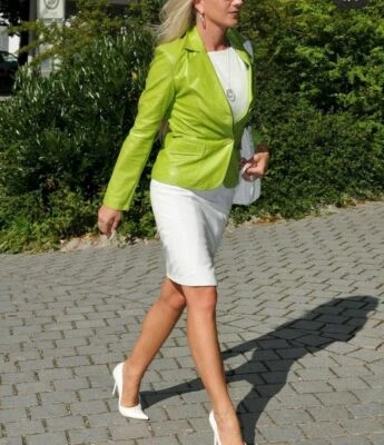 Blazer con botones de uso elegante cuero verde piel de cordero real genuino para mujer Foto 1 de 4