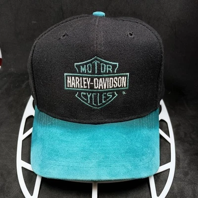 Sombrero de motociclista vintage años 90 Harley-Davidson Snapback Trucker gamuza negro/verde azulado Foto 1 de 4