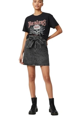 SANDRO Fredie Denim Skirt |Crystal Embellished, Sz 3, Grey, Tie Belt, High Waist - Image 1 of 4