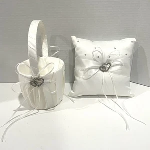 White Satin Wedding Flower Girl Basket and Ring Bearer Pillow Set Rhinestones - Picture 1 of 10
