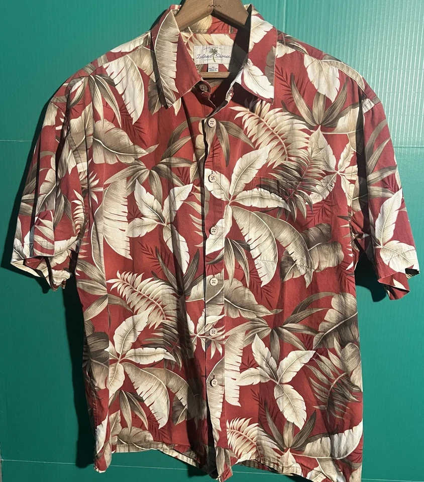 Camisa Hawaiana Island Shores XL Roja Tostada Estampado Hoja de Palma 100% Algodón Botón Frontal Foto 1 de 4