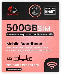 Three 500GB Data SIM - Uncapped 5G - Preloaded MONTHLY Until November 2025 -... - Picture 1 of 6