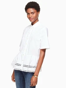 Kate Spade White Lace Inset Peplum Top Broome Street Size M - Picture 1 of 5