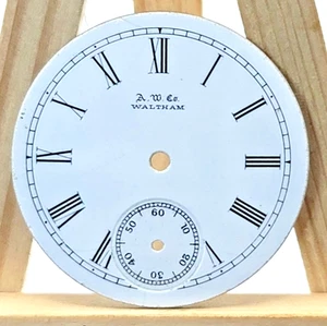 SB11C5: 34mm A.W.Co. Waltham Pocket Watch Dial Enamel Roman Numerals Sub Seconds - Picture 1 of 2