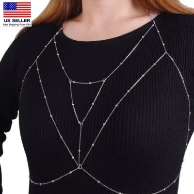 Moda Mujeres Cuerpo Cadena Arnés Cruzado Plata Redondo Bola Collar Vientre 0793 Foto 1 de 4