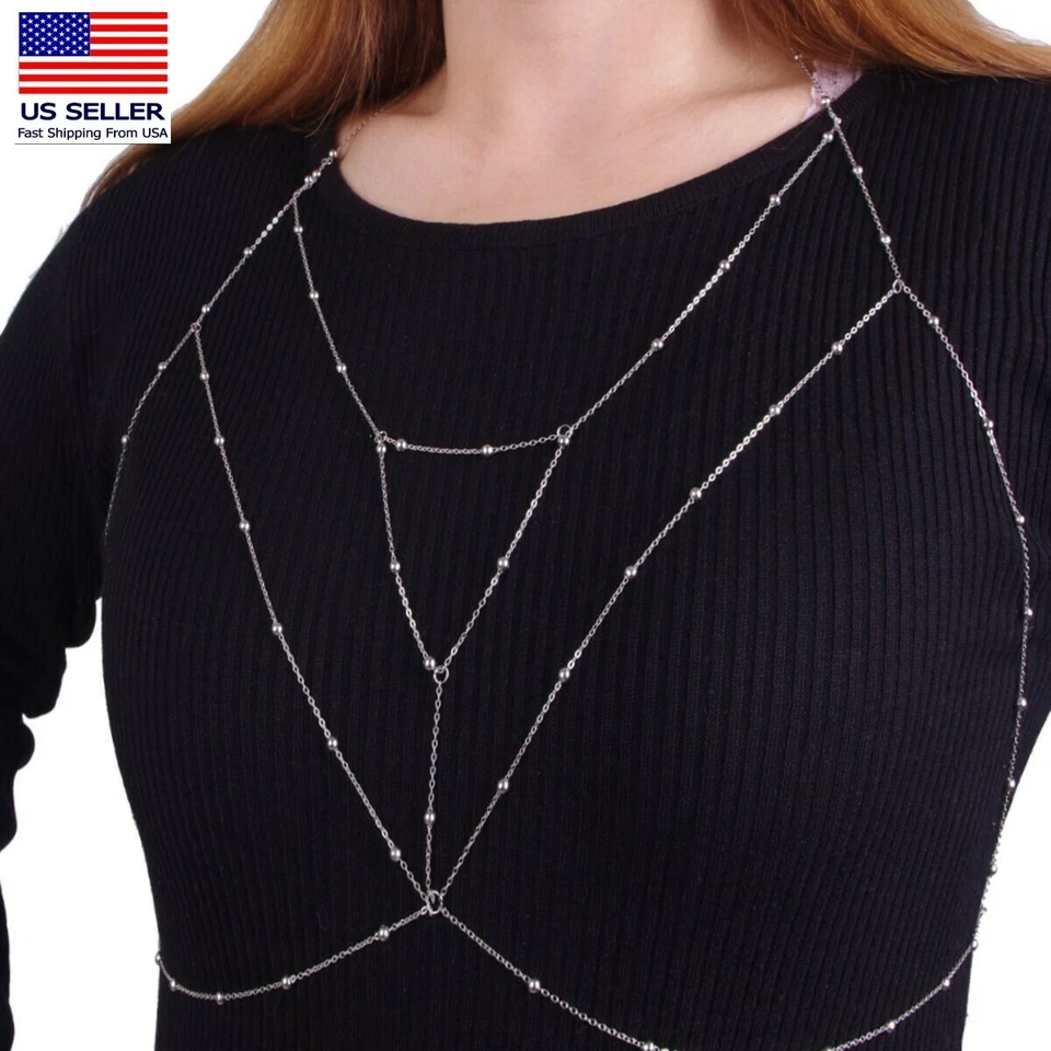 Moda Feminina Corrente Corporal Crossover Arnês Prata Colar Bola Redonda Barriga 0793 - Imagem 1 de 4