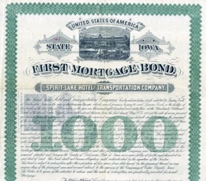 1883 Spirit Lake Hotel & Transportation Bond Certificate - Picture 1 of 1