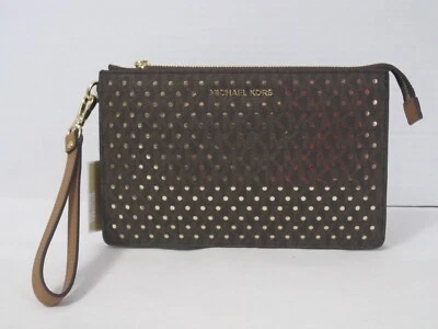 Michael Kors Marrón MD Refuerzo Cremallera Cuero Bolso sin asas Cartera Muñequera Foto 1 de 4