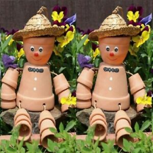 Set Of Two Flower Pot Man Straw Hat Terracotta Bill & Ben Home Garden Ornaments 