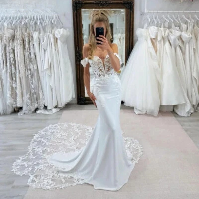 Beach Mermaid Wedding Dresses Off the Shoulder Appliques Backless Bridal Gowns - Image 1 of 4