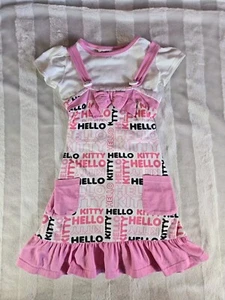 Hello Kitty Sanrio Girls White Short Sleeve Shirt Ruffle Hem Logo Dress Pink 4 - Picture 1 of 18