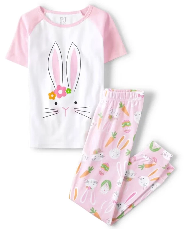 Big Girl's Pink Easter Bunny Rabbit and Egg Print Snug Fit Cotton Pajama Set - Image 1 of 1