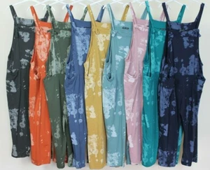 New Ladies Italian Lagenlook 2 Pocket Tie Dye Cotton Front Tie Design Dungarees - Picture 1 of 19