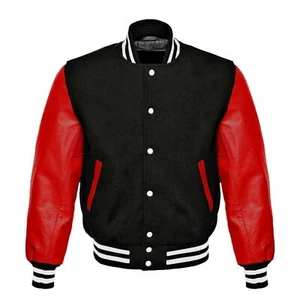 Letterman Varsity Bomber Baseball Jacket Black Wool Body & Red Leather Sleeves - Imagen 1 de 3