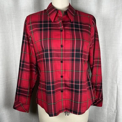NEW! Foxcroft Top Womens Petite 14 Red Plaid Wrinkle Free Button Up Shirt - Image 1 of 4