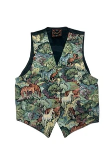Vtg Circle T Woven Tapestry Vest Western Wild Horses SZ L Womens - Picture 1 of 9