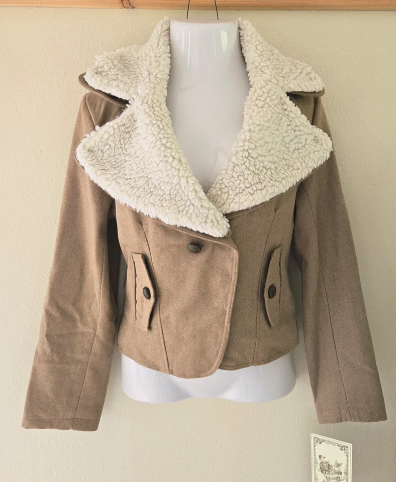 NWT Forever Audrey Women's Camel Wool Blend Faux Sherpa Moto Coat Jacket L XL - Image 1 of 4