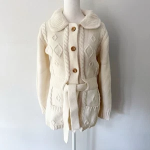 Vintage 70s Cable Knit Belted Long Cardigan Sweater Women Medium Fisherman Cream - Picture 1 of 9